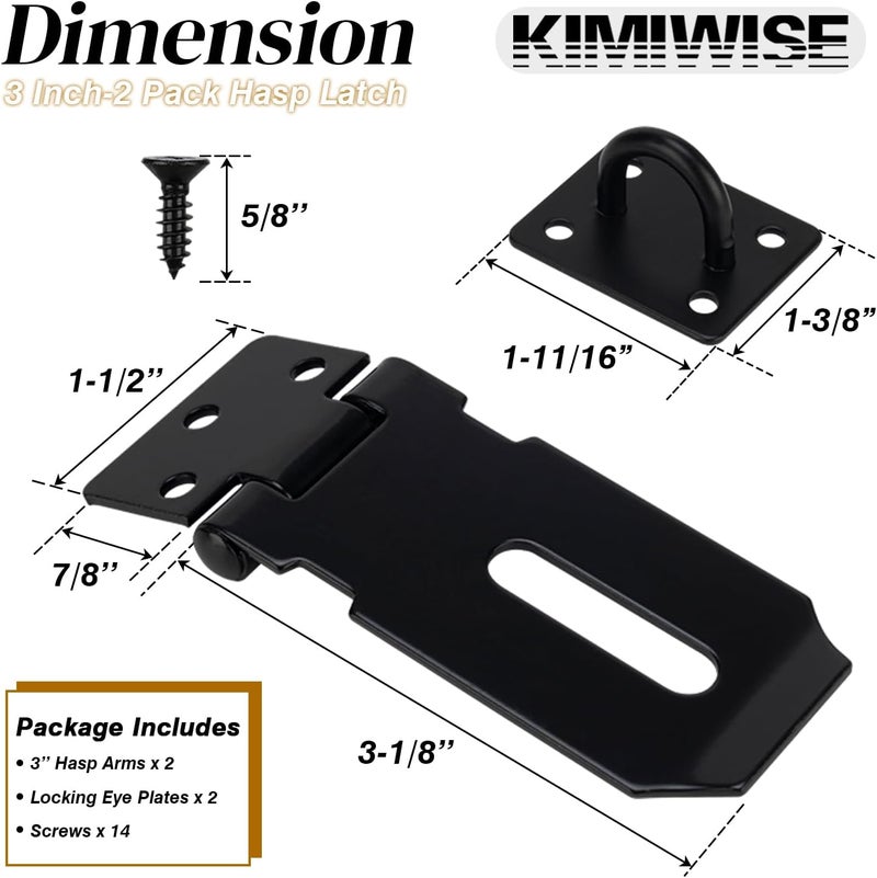 KIMIWISE 3 Inch Door Hasp Stainless Steel Hasp Latch, Heavy Duty Black Padlock for Fence Gates, Doors, and Cabinets, Brushed Surface Finish, 2 Pack - Image 2